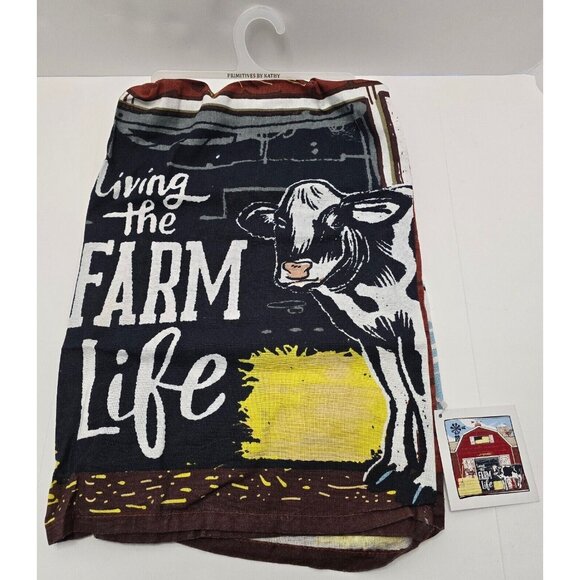 Living the Farm Life Cow and Red Barn Kitchen Towel NEW Primitives by Kathy - Picture 2 of 4